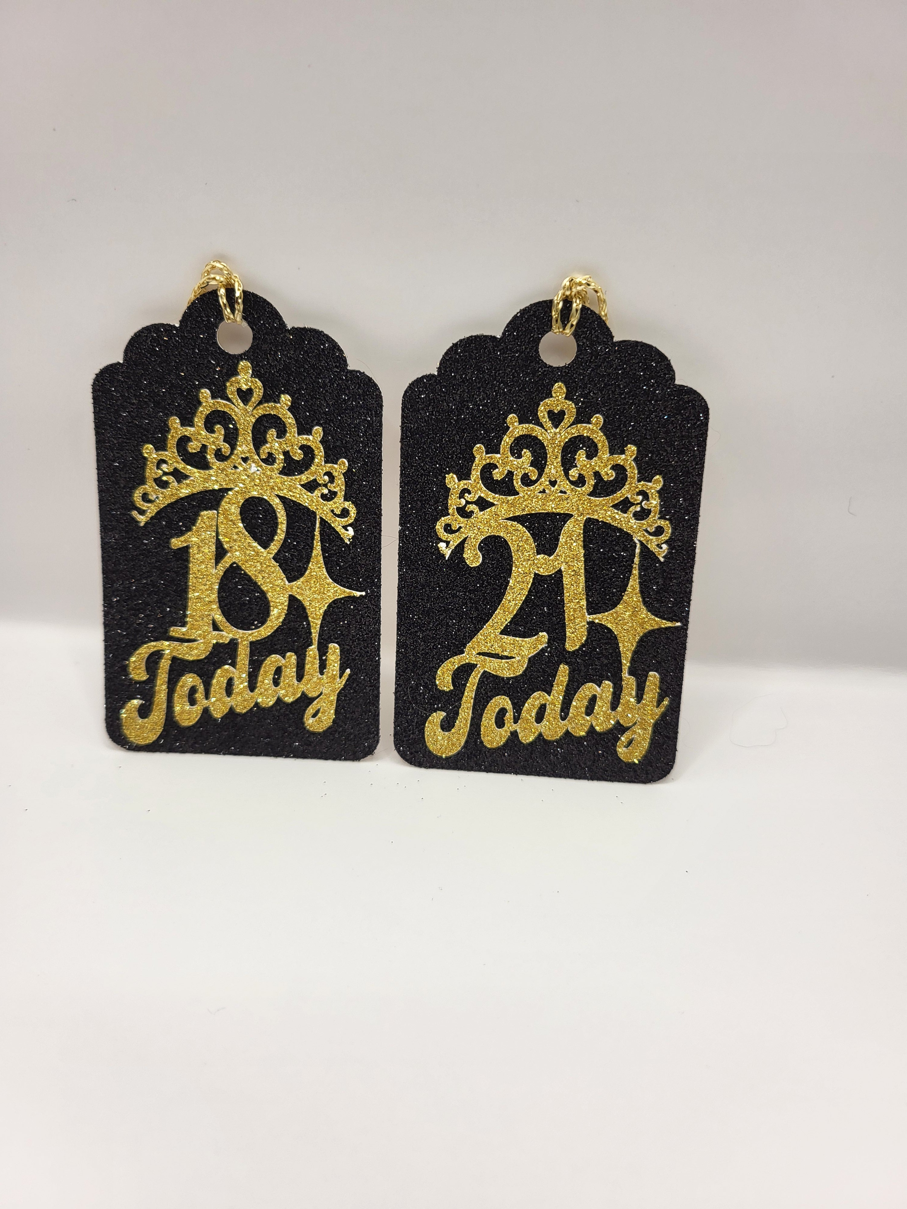 Milestone Age gift tags are made from black glitter card with the age 18 and 21 with a tiara stuck on the fronts in gold glitter card