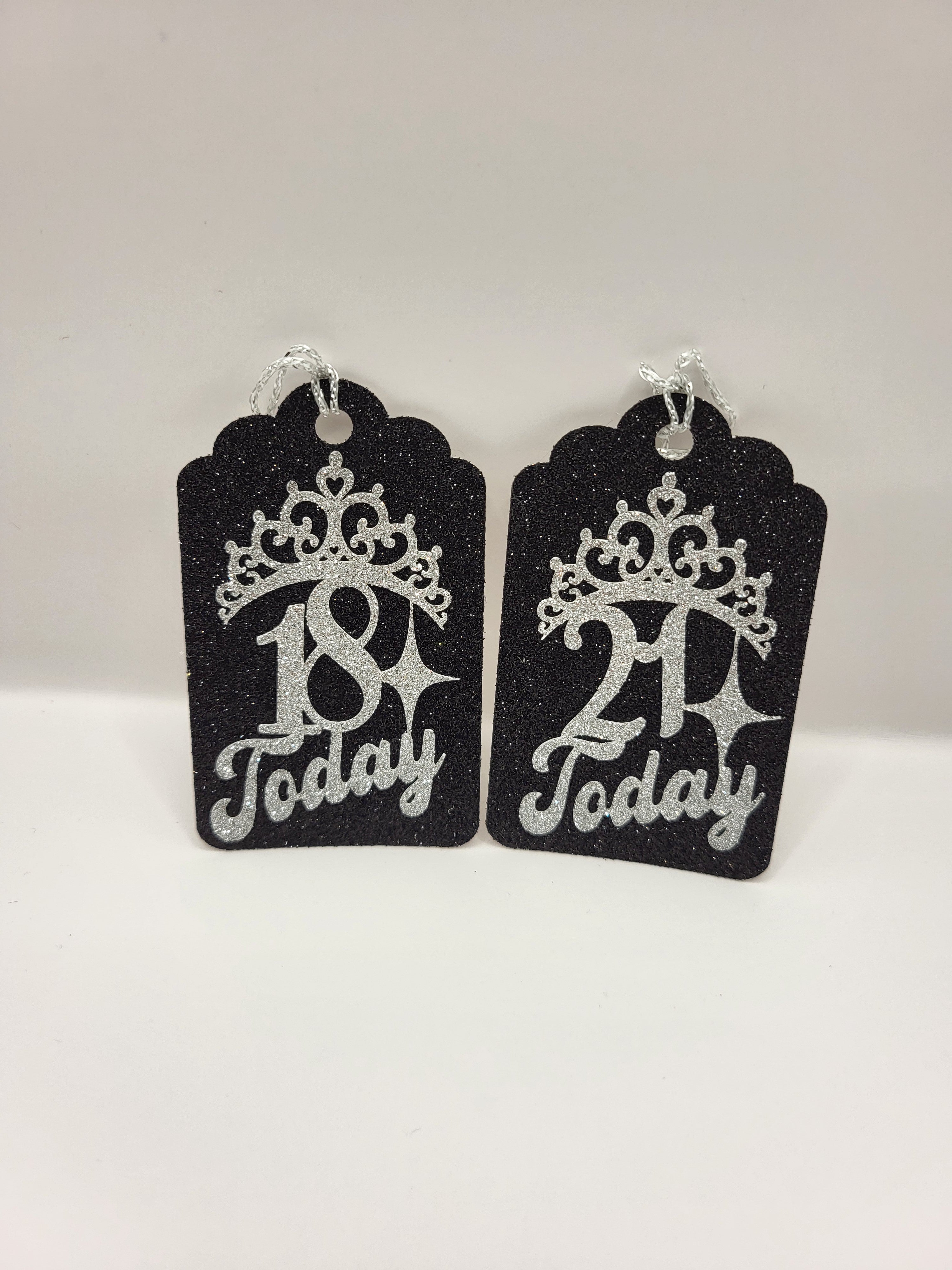 Milestone Age gift tags are made from black glitter card with the age 18 and 21 with a tiara stuck on the fronts in silver glitter card