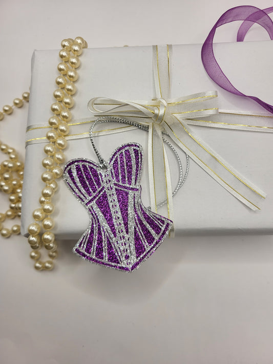Corset shaped gift tag is made from purple glitter card with a fancy silver glitter design on top of the purple. The tag has a silver cord attached so you can attach to any gift