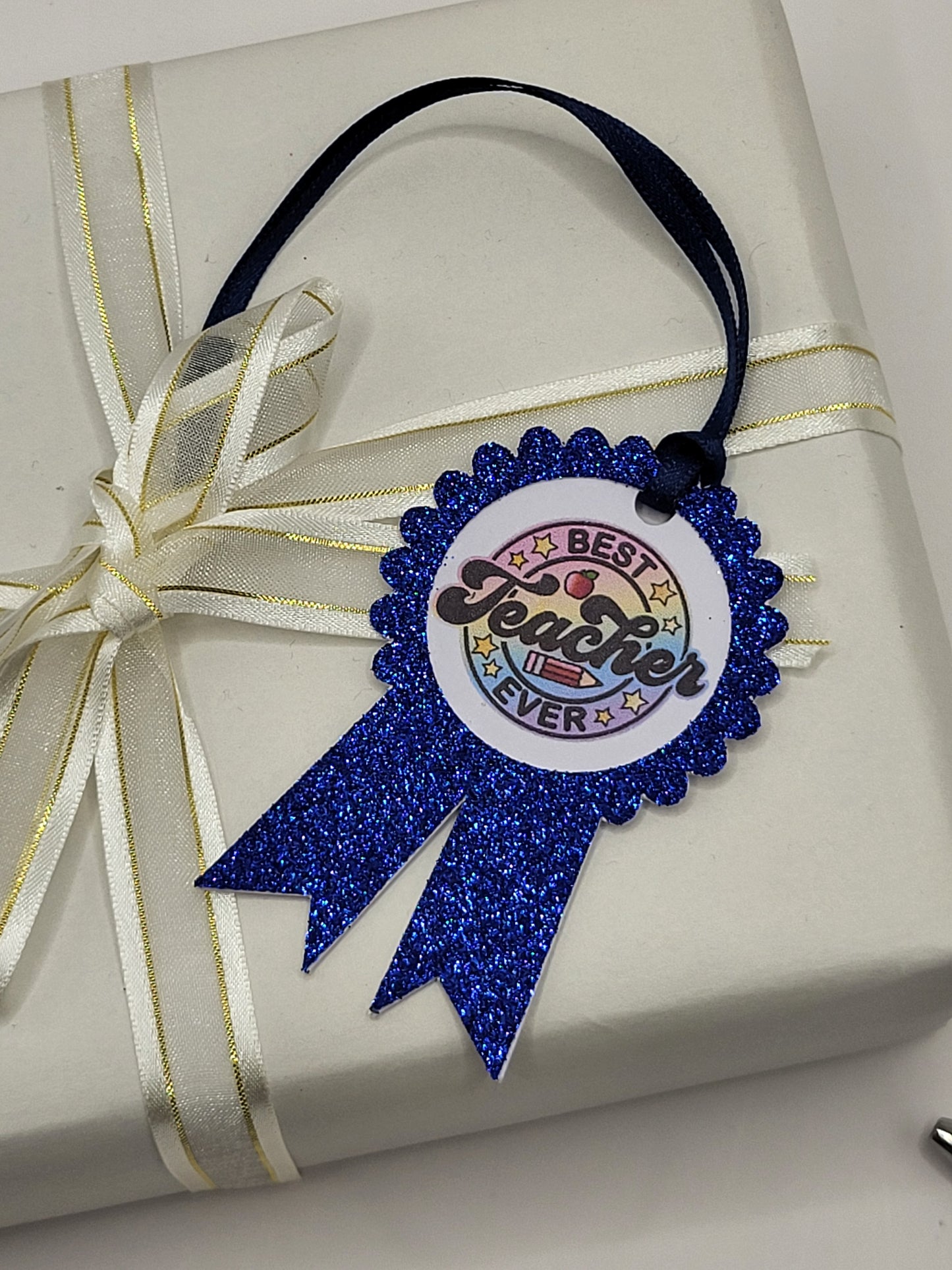 Best Teacher Glitter Rosette Gift Tag, Teacher Thank You Gift Tag