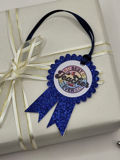 Best Teacher Glitter Rosette Gift Tag, Teacher Thank You Gift Tag