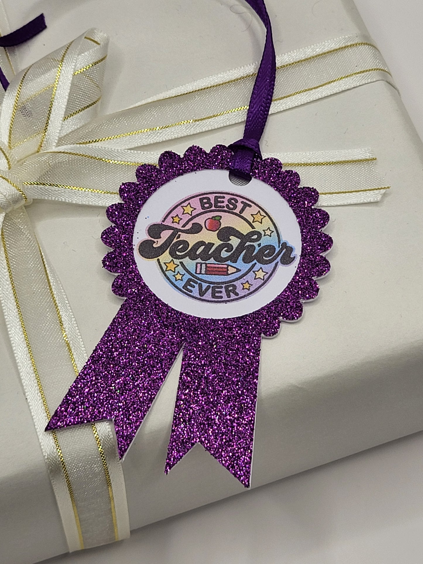 Best Teacher Glitter Rosette Gift Tag, Teacher Thank You Gift Tag