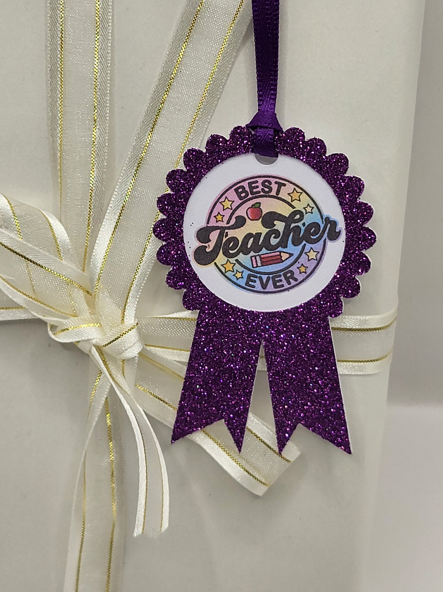 Best Teacher Glitter Rosette Gift Tag, Teacher Thank You Gift Tag