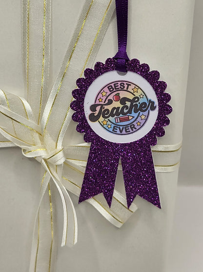 Best Teacher Glitter Rosette Gift Tag, Teacher Thank You Gift Tag