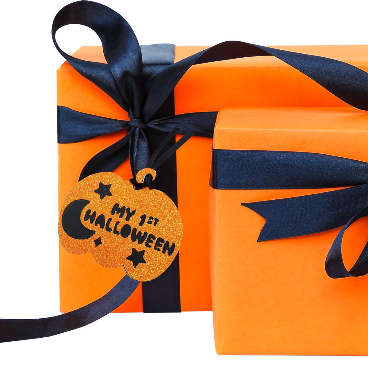 My 1st Halloween Gift Tag is a glittery orange pumpkin-shaped Halloween ornament with black lettering  and black hanging ribbon